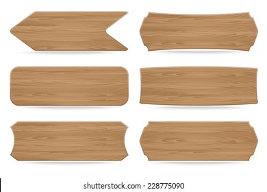 Set of 6 shapes wooden sign boards. Vector illustration