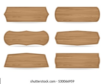 Set of 6 shapes wooden sign boards. Vector illustration