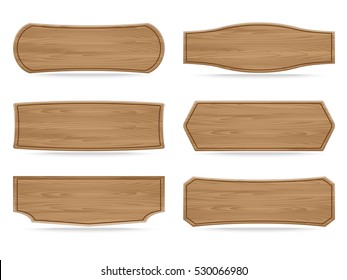 Set of 6 shapes wooden sign boards. Vector illustration