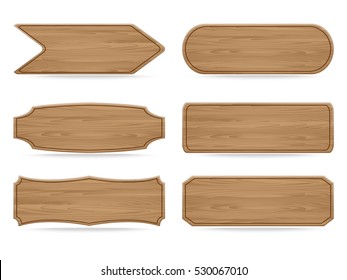 Set of 6 shapes wooden sign boards. Vector illustration