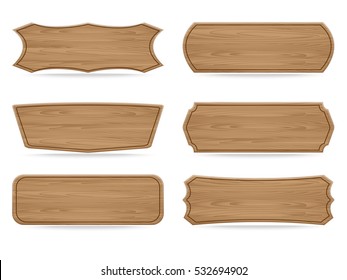 Set of 6 shapes wooden sign boards. Vector illustration