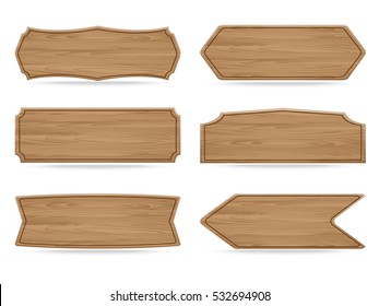 Set of 6 shapes wooden sign boards. Vector illustration