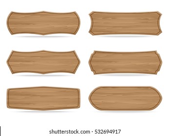 Set of 6 shapes wooden sign boards. Vector illustration