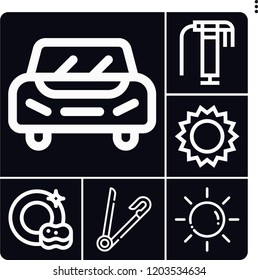 Set of 6 shiny outline icons such as sun, dish, car, polish