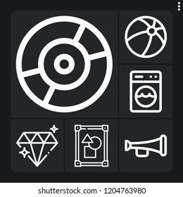 Set of 6 shiny outline icons such as diamond, trumpet, frame, compact disc, washing