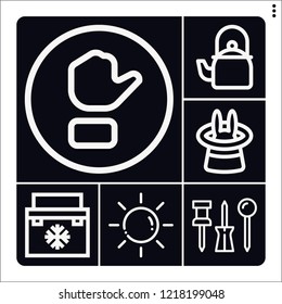 Set of 6 shiny outline icons such as sun, push pin, button, fridge, magic