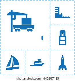 Set of 6 ship filled icons such as cargo truck, office supply, ship, harbor, rocket