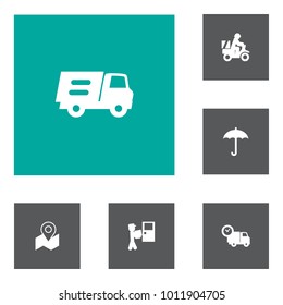 Set of 6 shipment icons set. Collection of cargo to the door, truck, protect from moisture and other elements.