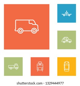 Set of 6 shipping icons line style set. Collection of streetcar, caravan, driving and other elements.