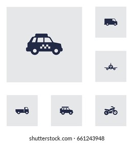 Set Of 6 Shipping Icons Set.Collection Of Caravan, Hatchback, Aircraft And Other Elements.