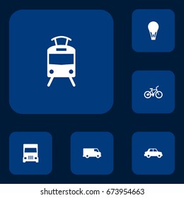 Set Of 6 Shipping Icons Set.Collection Of Side View, Streetcar, Truck And Other Elements.