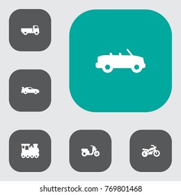 Set Of 6 Shipping Icons Set.Collection Of Cabriolet, Lorry, Motorbike And Other Elements.
