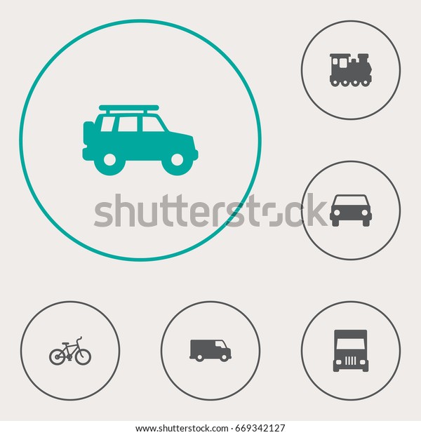 Set Of 6 Shipping Icons Set.Collection Of
Bicycle, Car, Caravan And Other
Elements.