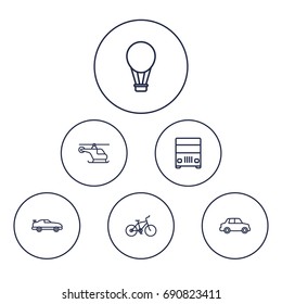 Set Of 6 Shipping Outline Icons Set.Collection Of Helicopter, Car, Air Balloon And Other Elements.