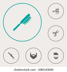 Set of 6 shop icons set. Collection of beard, curling iron, hairbrush and other elements.