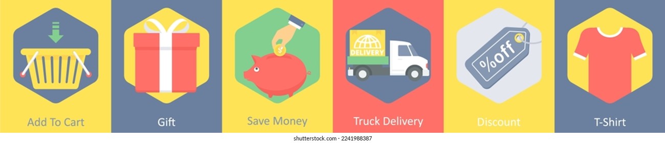 A set of 6 shopping icons as add to cart, gift, save money