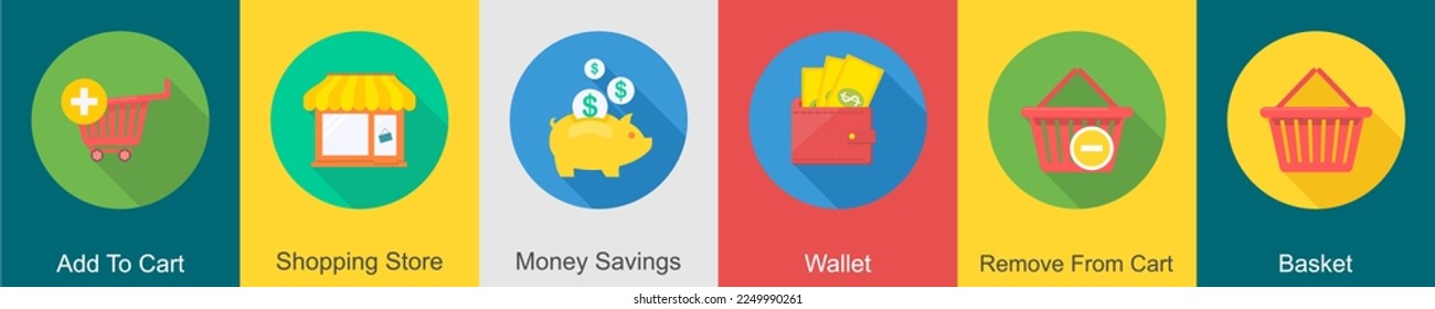 A set of 6 shopping icons as add to cart, shopping store, money savings