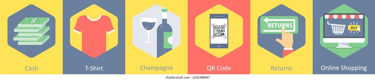 A set of 6 shopping icons as cash, t shirt, champagne