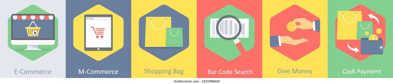 Eine Reihe von 6 Shopping-Icons wie E-Commerce, E-Commerce, Einkaufstasche