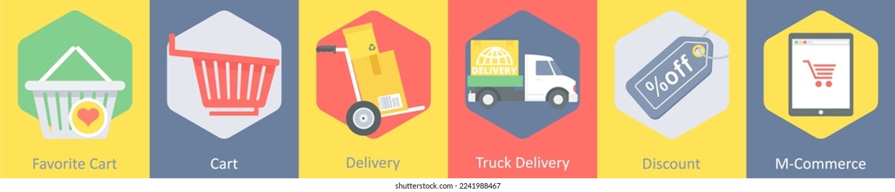 A set of 6 shopping icons as favorite cart, cart, delivery