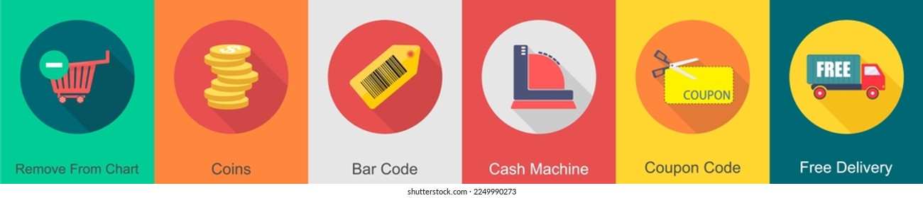 Un conjunto de 6 íconos de compra como borrados del carro, monedas, código de barras