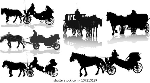 Set of 6 silhouettes of a horse put to a cart