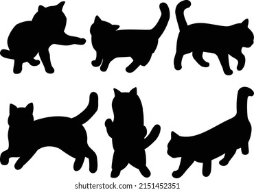 A set of 6 silhouettes of standing, lying, and interested cats