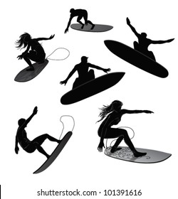 Set of 6 silhouettes of surfers