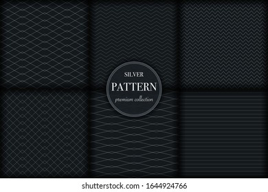 Set of 6 silver grayscale luxury geometric pattern background. Abstract line, dot retro style vector illustration for wallpaper, flyer, cover, banner, design template. minimalistic ornament, backdrop