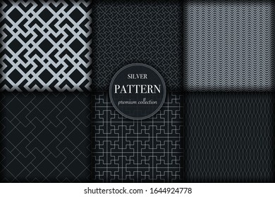 Set of 6 silver grayscale luxury geometric pattern background. Abstract line, dot retro style vector illustration for wallpaper, flyer, cover, banner, design template. minimalistic ornament, backdrop
