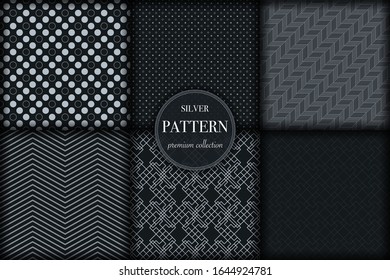 Conjunto de 6 de fondo geométrico de lujo en escala de grises plateado. Línea abstracta, ilustración vectorial de estilo punto retro para papel tapiz, volante, portada, banner, plantilla de diseño. adorno minimalista, fondo