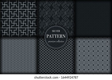Set of 6 silver grayscale luxury geometric pattern background. Abstract line, dot retro style vector illustration for wallpaper, flyer, cover, banner, design template. minimalistic ornament, backdrop