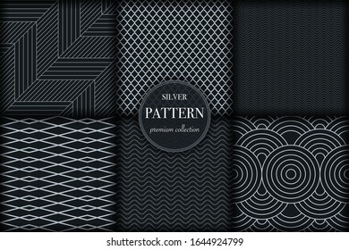 Set of 6 silver grayscale luxury geometric pattern background. Abstract line, dot retro style vector illustration for wallpaper, flyer, cover, banner, design template. minimalistic ornament, backdrop