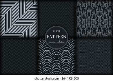 Set of 6 silver grayscale luxury geometric pattern background. Abstract line, dot retro style vector illustration for wallpaper, flyer, cover, banner, design template. minimalistic ornament, backdrop