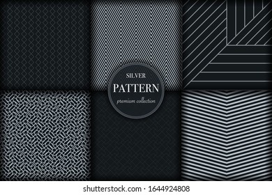 Set of 6 silver grayscale luxury geometric pattern background. Abstract line, dot retro style vector illustration for wallpaper, flyer, cover, banner, design template. minimalistic ornament, backdrop