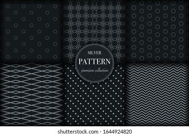 Set of 6 silver grayscale luxury geometric pattern background. Abstract line, dot retro style vector illustration for wallpaper, flyer, cover, banner, design template. minimalistic ornament, backdrop