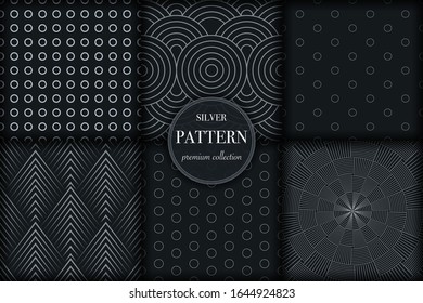 Set of 6 silver grayscale luxury geometric pattern background. Abstract line, dot retro style vector illustration for wallpaper, flyer, cover, banner, design template. minimalistic ornament, backdrop