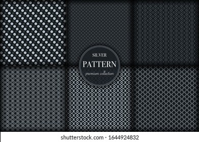 Set of 6 silver grayscale luxury geometric pattern background. Abstract line, dot retro style vector illustration for wallpaper, flyer, cover, banner, design template. minimalistic ornament, backdrop