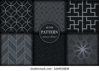 Set of 6 silver grayscale luxury geometric pattern background. Abstract line, dot retro style vector illustration for wallpaper, flyer, cover, banner, design template. minimalistic ornament, backdrop