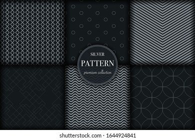 Set of 6 silver grayscale luxury geometric pattern background. Abstract line, dot retro style vector illustration for wallpaper, flyer, cover, banner, design template. minimalistic ornament, backdrop
