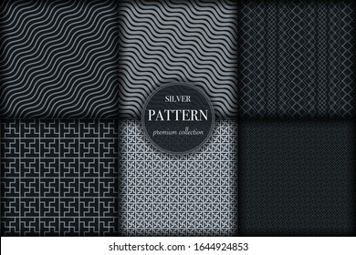 Set of 6 silver grayscale luxury geometric pattern background. Abstract line, dot retro style vector illustration for wallpaper, flyer, cover, banner, design template. minimalistic ornament, backdrop