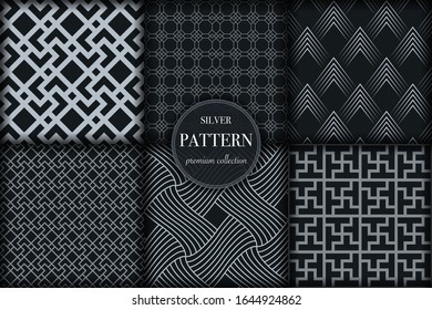 Set of 6 silver grayscale luxury geometric pattern background. Abstract line, dot retro style vector illustration for wallpaper, flyer, cover, banner, design template. minimalistic ornament, backdrop