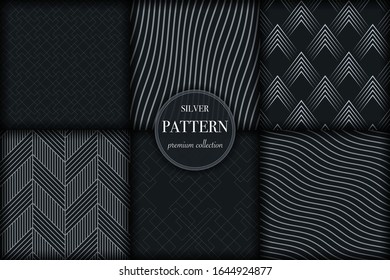 Set of 6 silver grayscale luxury geometric pattern background. Abstract line, dot retro style vector illustration for wallpaper, flyer, cover, banner, design template. minimalistic ornament, backdrop