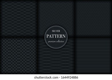Set of 6 silver grayscale luxury geometric pattern background. Abstract line, dot retro style vector illustration for wallpaper, flyer, cover, banner, design template. minimalistic ornament, backdrop