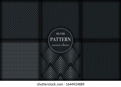 Set of 6 silver grayscale luxury geometric pattern background. Abstract line, dot retro style vector illustration for wallpaper, flyer, cover, banner, design template. minimalistic ornament, backdrop