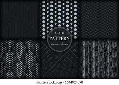 Set of 6 silver grayscale luxury geometric pattern background. Abstract line, dot retro style vector illustration for wallpaper, flyer, cover, banner, design template. minimalistic ornament, backdrop