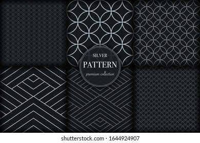 Set of 6 silver grayscale luxury geometric pattern background. Abstract line, dot retro style vector illustration for wallpaper, flyer, cover, banner, design template. minimalistic ornament, backdrop
