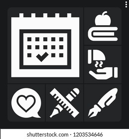 Set of 6 simple filled icons such as hand dryer, book, heart, calendar, pen