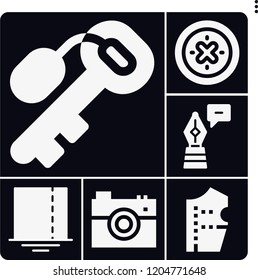 Set of 6 simple filled icons such as shield, square, pen, camera, key