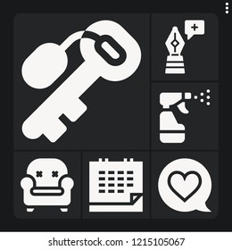 Set of 6 simple filled icons such as pen, spray, calendar, heart, armchair